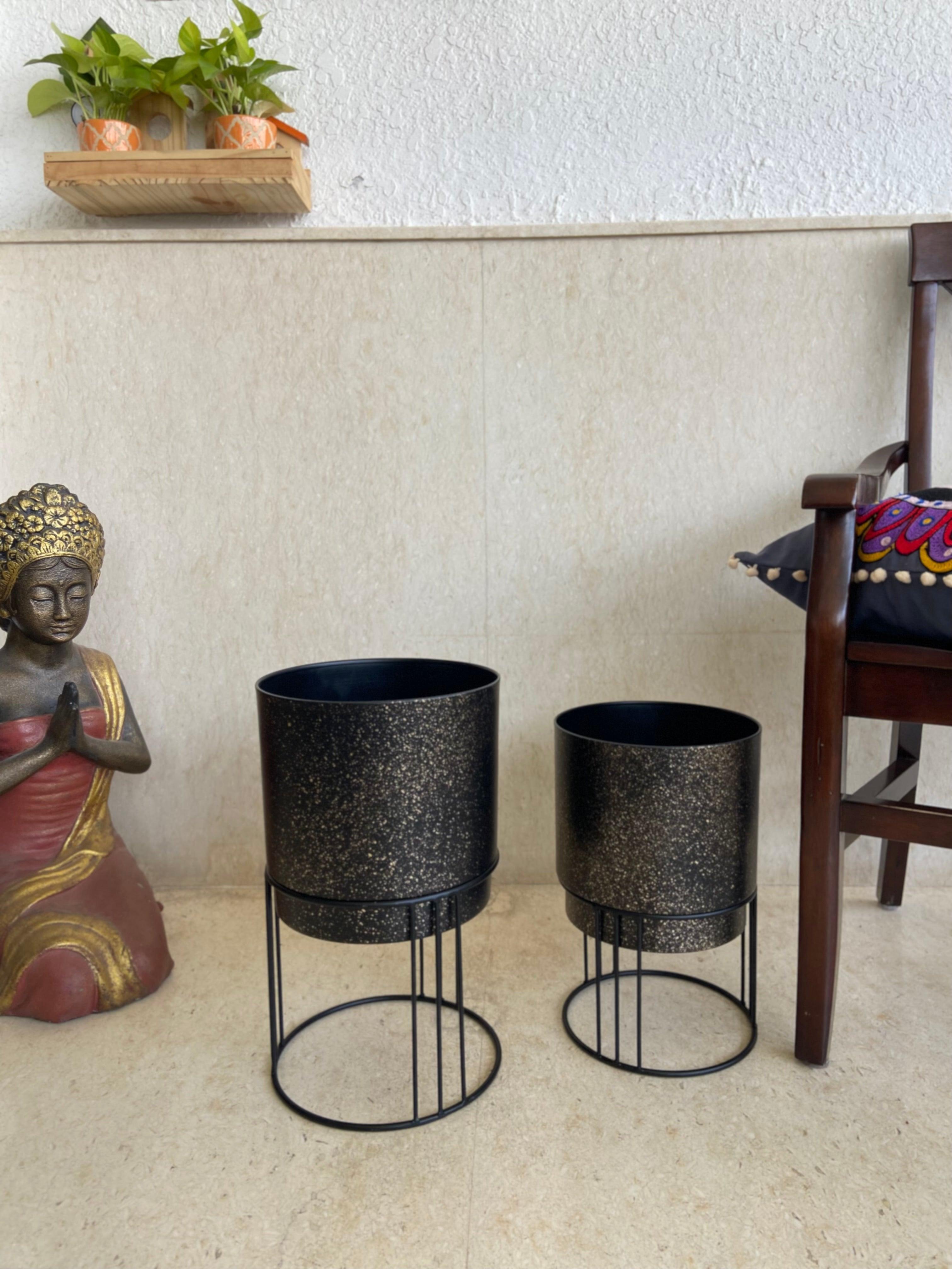 Buy Planter - Black Metal Glitter Floor Planter | Table Flower Pot For Indoor & Outdoor Decor Set of 2 by House of Trendz on IKIRU online store