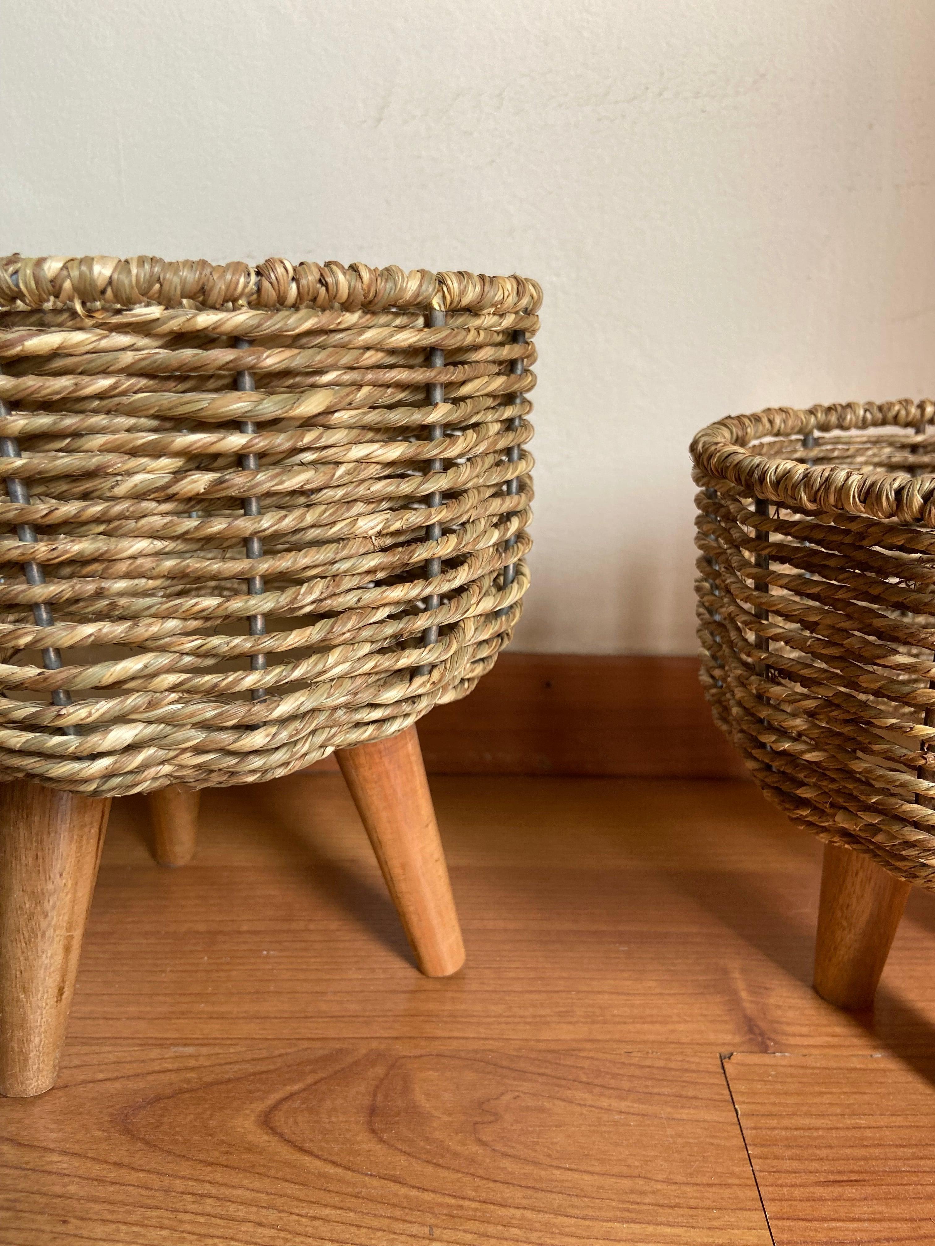 Buy Planter - Brown Rattan & Wood Floor Planter | Round Flower Pot Set of 3 For Home Decoration by House of Trendz on IKIRU online store