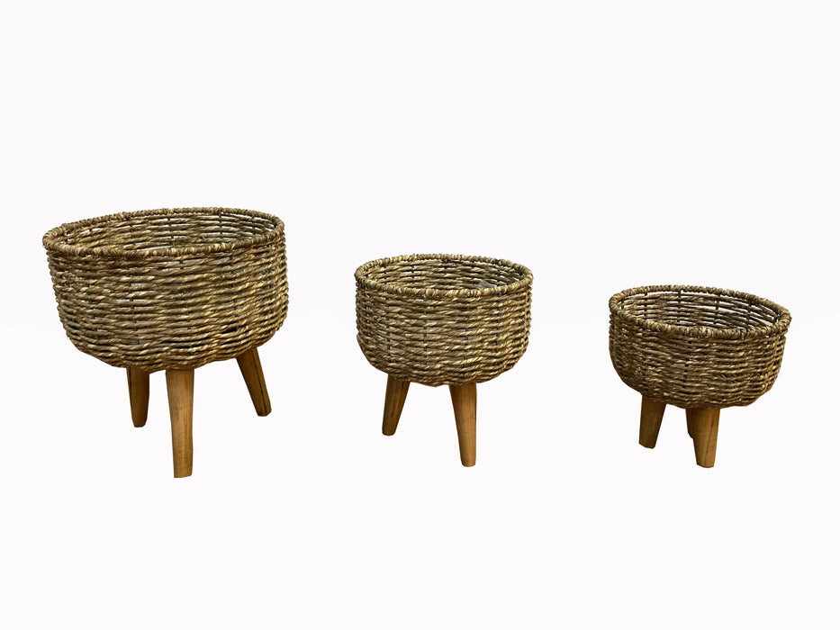 Buy Planter - Brown Rattan & Wood Floor Planter | Round Flower Pot Set of 3 For Home Decoration by House of Trendz on IKIRU online store
