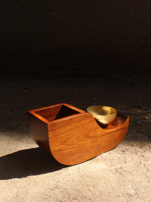 Buy Planter - Dvi Teak Wood Unique Planter Stand With Attached Brass Bowl For Living Room & Indoors by Studio Indigene on IKIRU online store