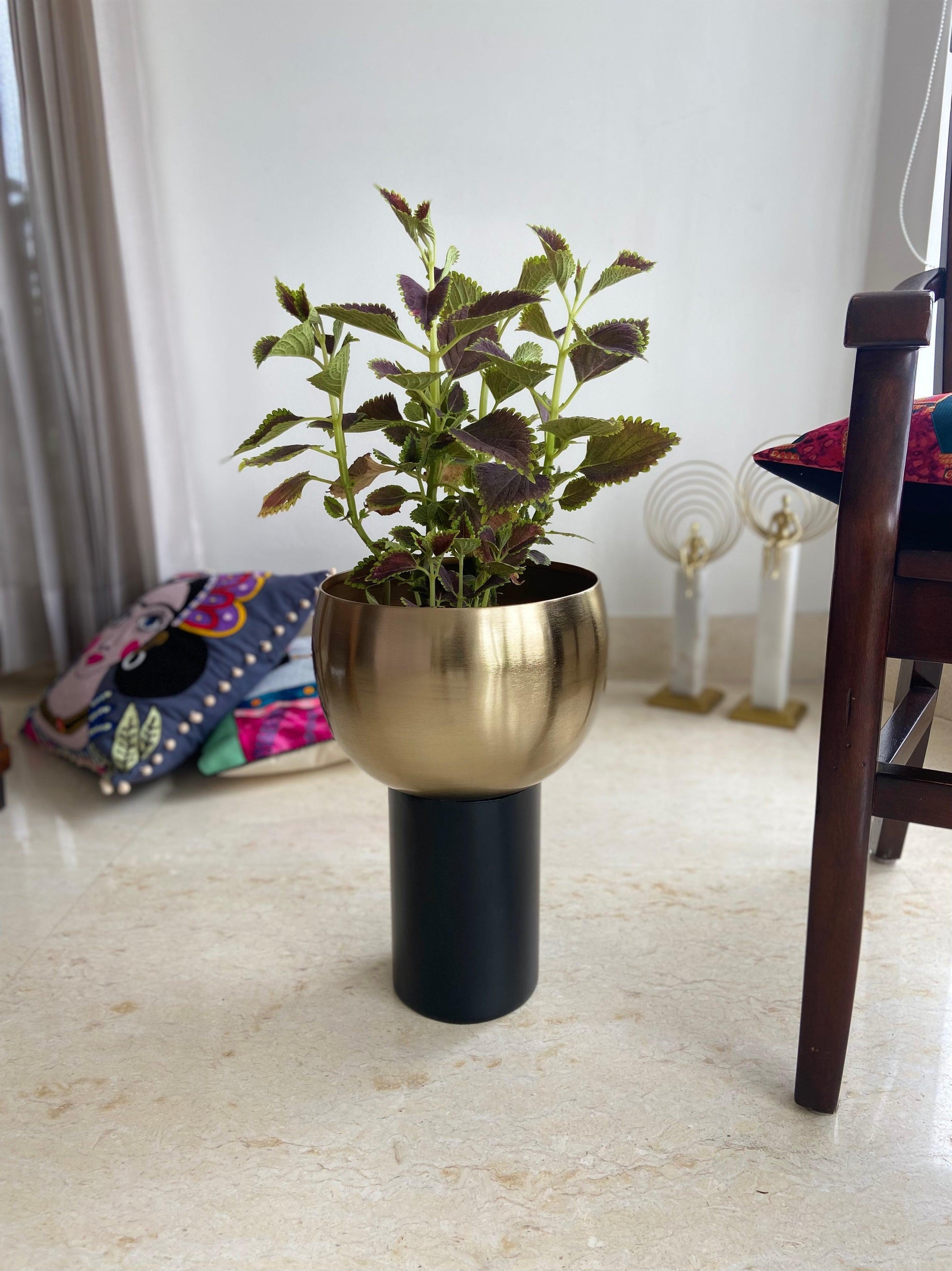 Buy Planter - Gold & Black Metal Decorative Floor Planter | Cylindrical Flower Pot With Base For Home Decor by House of Trendz on IKIRU online store