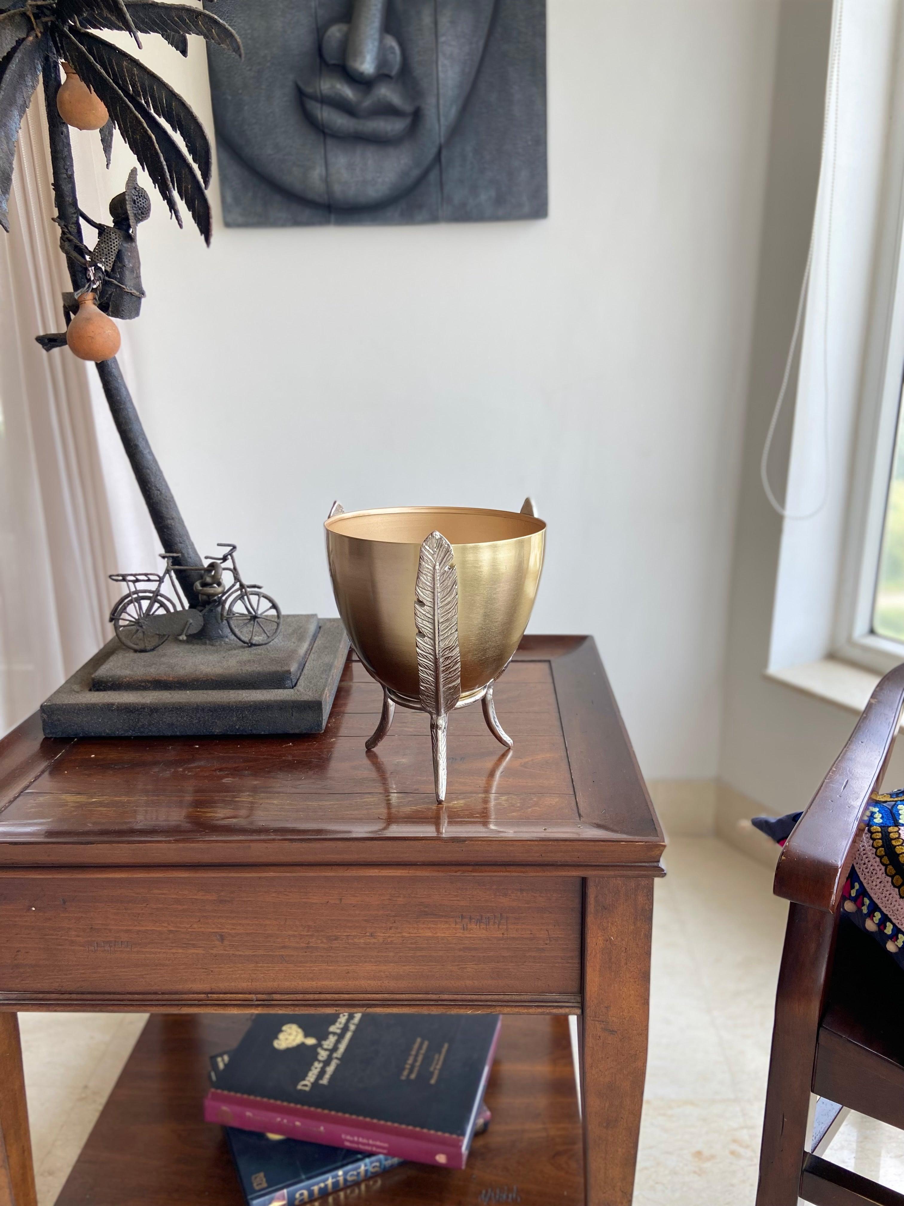 Buy Planter - Golden Metal With Silver Leaf Decorative Table Planter For Living Room & Home Decor by House of Trendz on IKIRU online store