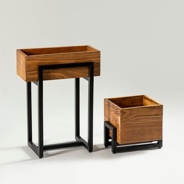 Buy Planter - Matt Black Iron & Wood Natural Square Planters Stand For Home Decor by Indecrafts on IKIRU online store