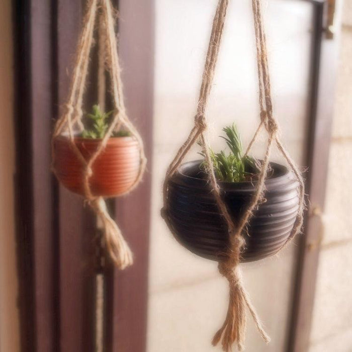 Buy Planter - Reduction Fired Terracotta & Jute Hanging Cum Desktop Planters Set Of 2 by Terracotta By Sachii on IKIRU online store