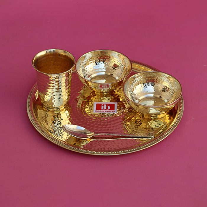 Buy Plates - Brass Hammered Plate Set Of 5 | Golden Festival Gifting Thali With Katori & Glass by Indian Bartan on IKIRU online store