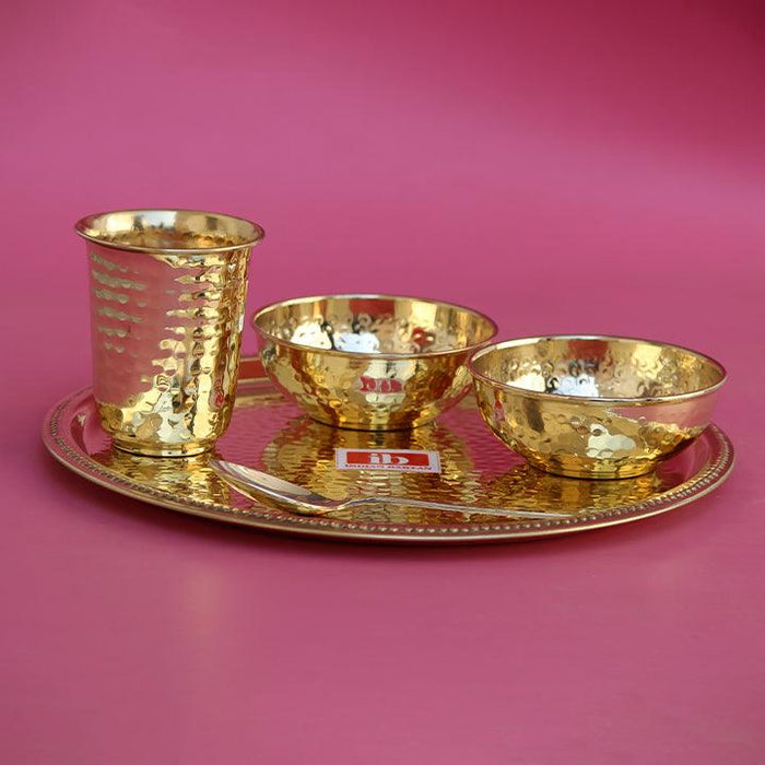 Buy Plates - Brass Hammered Plate Set Of 5 | Golden Festival Gifting Thali With Katori & Glass by Indian Bartan on IKIRU online store