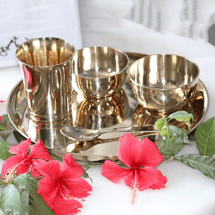 Buy Plates - Kansa Bronze Plate Set Of 5 | Festival Gifting Thali With Katori & Glass by Indian Bartan on IKIRU online store