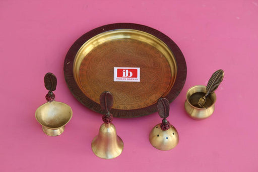 Buy Pooja Thali Set - Golden Fancy Brass Pooja Thali with Bell, Jot, Stand lotta & Agarbatti stand by Indian Bartan on IKIRU online store