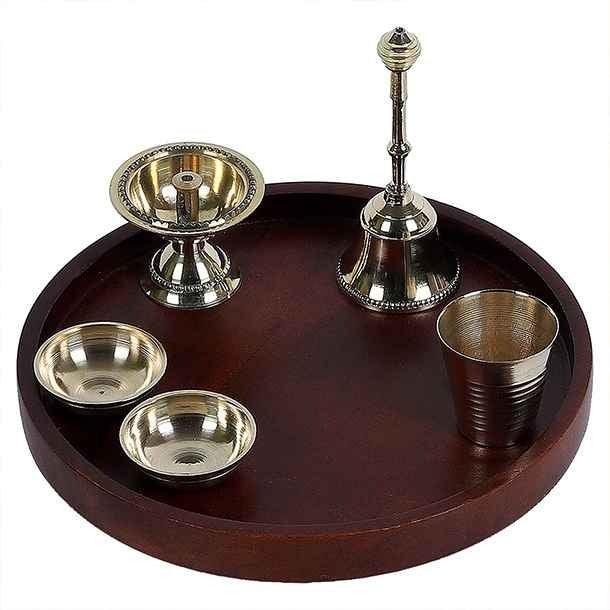 Buy Pooja Thali Set - Kaveri Brass Devotional Gift Box With Wooden Thaali | Diya Katori & Bell Set Puja Essentials by Courtyard on IKIRU online store