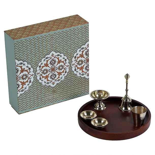 Buy Pooja Thali Set - Kaveri Brass Devotional Gift Box With Wooden Thaali | Diya Katori & Bell Set Puja Essentials by Courtyard on IKIRU online store