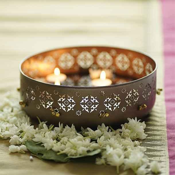 Buy Puja Essentials - Gangaur Metallic Urli | Decorative Round Bowl For Table & Festive Decor by Courtyard on IKIRU online store