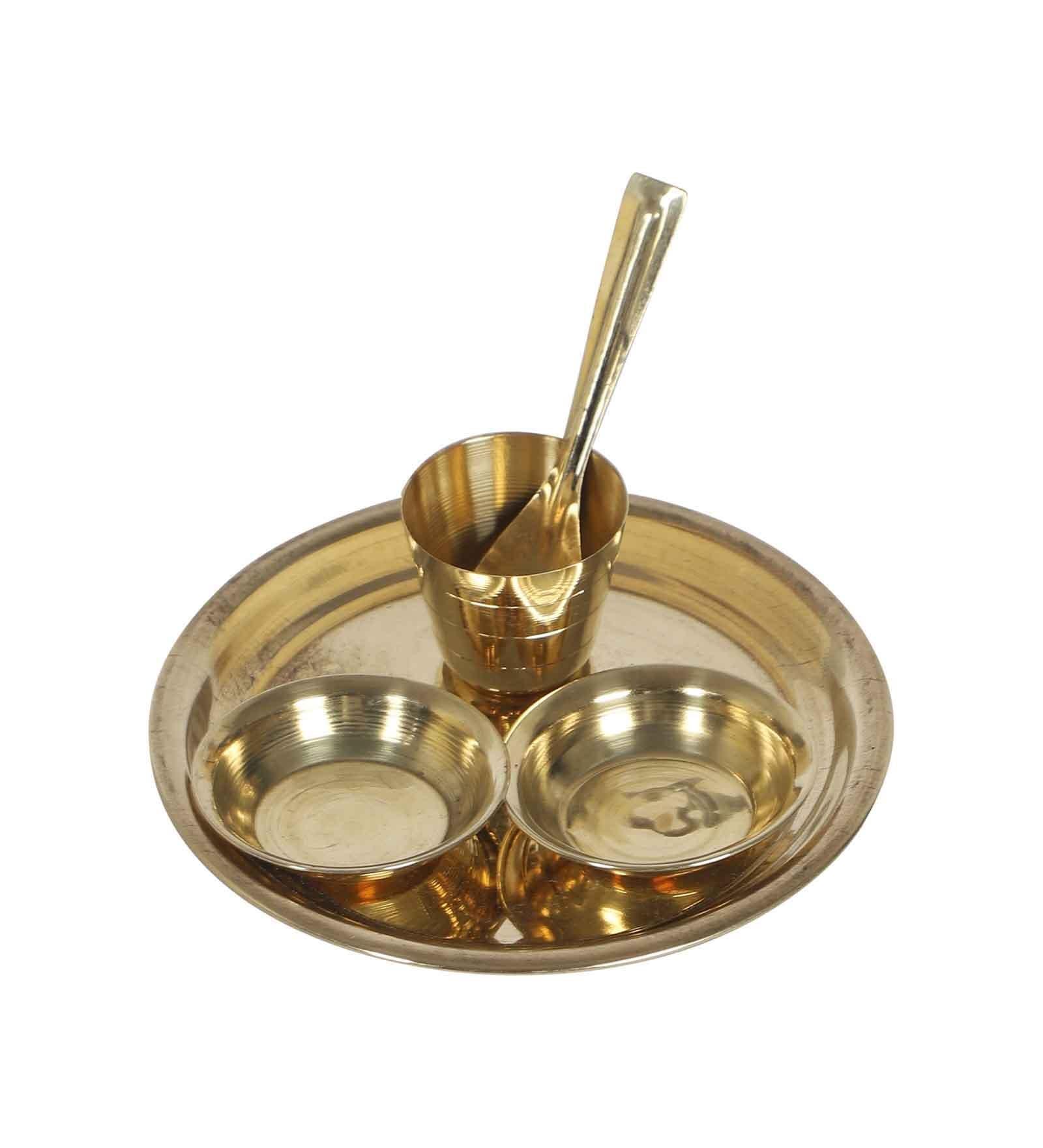 Buy Puja Essentials - Golden Brass Bhog Thaal Set Of 5 | Pooja Utensils For Home by Amaya Decors on IKIRU online store
