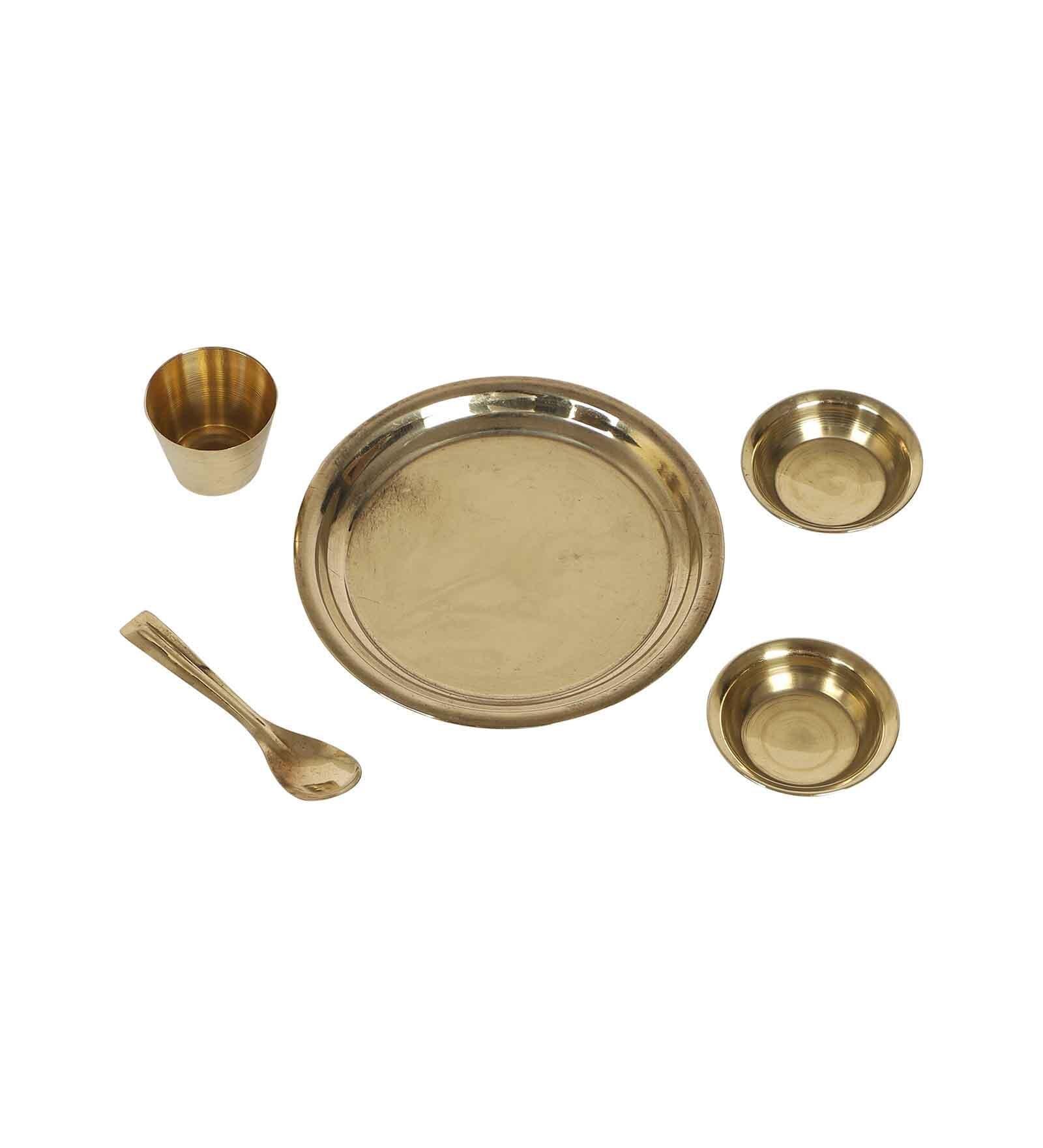Buy Puja Essentials - Golden Brass Bhog Thaal Set Of 5 | Pooja Utensils For Home by Amaya Decors on IKIRU online store