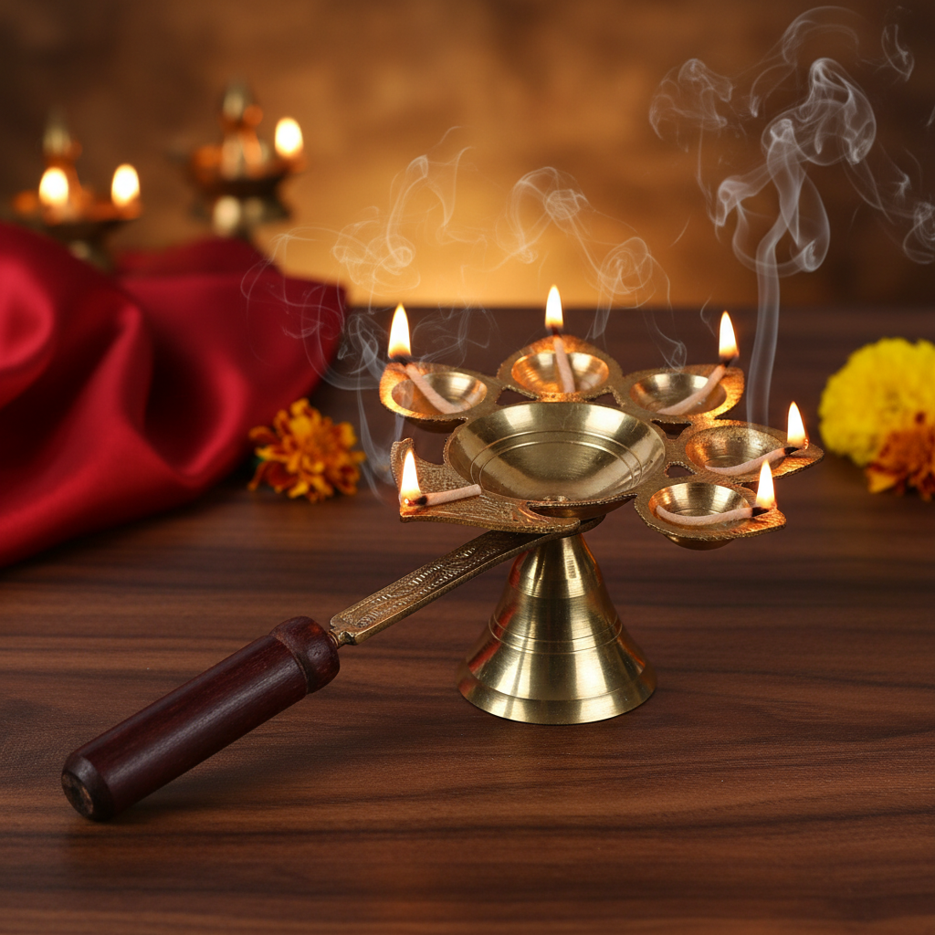 Golden Brass Panch Aarti Diya With Wooden Handle | Oil Lamp With 5 Wicks