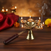 Golden Brass Panch Aarti Diya With Wooden Handle | Oil Lamp With 5 Wicks
