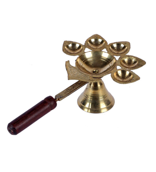 Buy Puja Essentials - Golden Brass Panch Aarti Diya With Wooden Handle | Oil Lamp With 5 Wicks by Amaya Decors on IKIRU online store