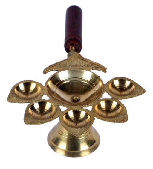 Buy Puja Essentials - Golden Brass Panch Aarti Diya With Wooden Handle | Oil Lamp With 5 Wicks by Amaya Decors on IKIRU online store