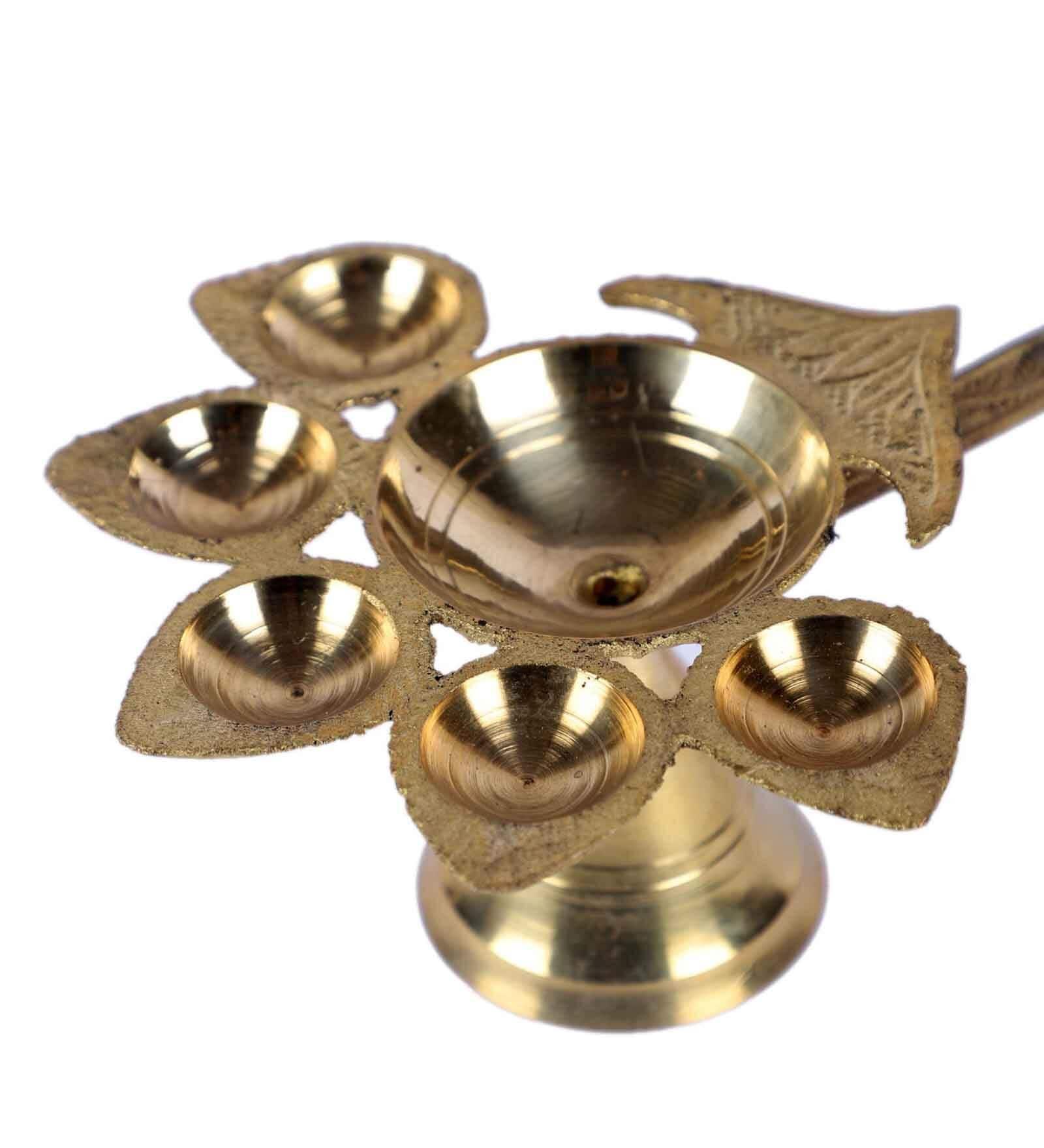 Buy Puja Essentials - Golden Brass Panch Aarti Diya With Wooden Handle | Oil Lamp With 5 Wicks by Amaya Decors on IKIRU online store