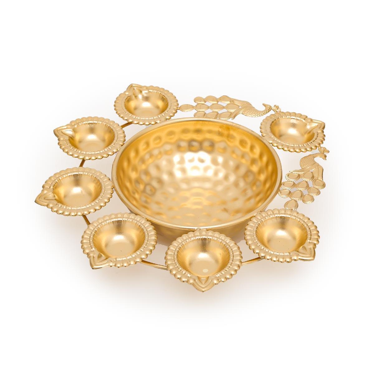 Buy Puja Essentials - Golden Decorative Flower Shaped Diya Thali | Urli Bowl For Puja & Light Candles by Home4U on IKIRU online store