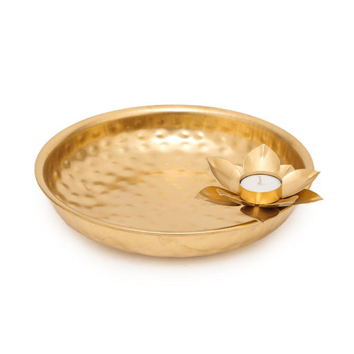 Buy Puja Essentials - Golden Decorative Round Puja Thali With Flower Tea Light Holder For Home by Home4U on IKIRU online store