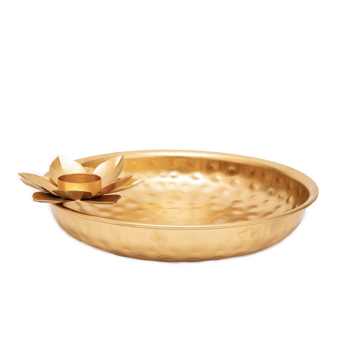 Buy Puja Essentials - Golden Decorative Round Puja Thali With Flower Tea Light Holder For Home by Home4U on IKIRU online store