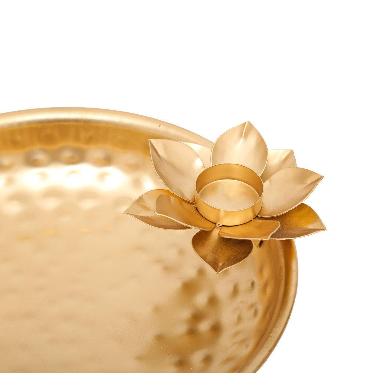 Buy Puja Essentials - Golden Decorative Round Puja Thali With Flower Tea Light Holder For Home by Home4U on IKIRU online store
