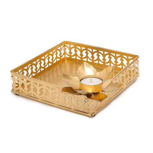 Buy Puja Essentials - Golden Decorative Tray With Flower Tea Light Holder For Home & Puja Essential by Home4U on IKIRU online store