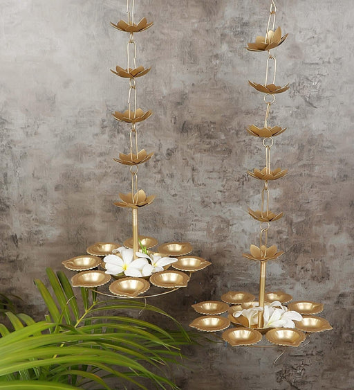 Buy Puja Essentials - Golden Hanging Metallic Diya Urli Set Of 2 For Pooja Room & Decor by Amaya Decors on IKIRU online store