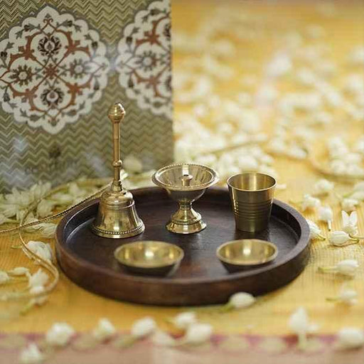 Buy Puja Essentials - Kaveri Brass Devotional Gift Box With Wooden Thaali | Diya Katori & Bell Set Puja Essentials by Courtyard on IKIRU online store