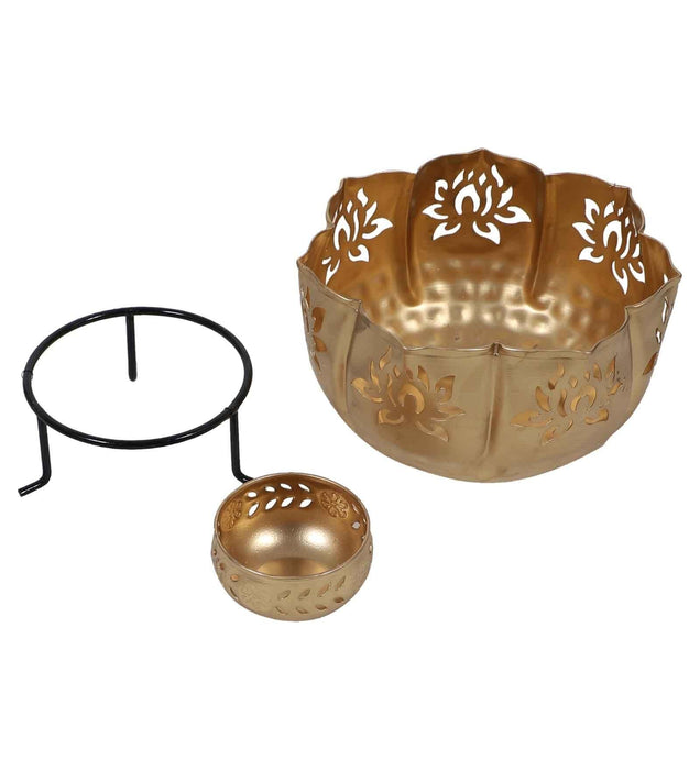 Buy Puja Essentials - Metallic Big Lotus Diya Urli With Stand & Small Bowls Set Of 10 | Tealight Holder by Amaya Decors on IKIRU online store