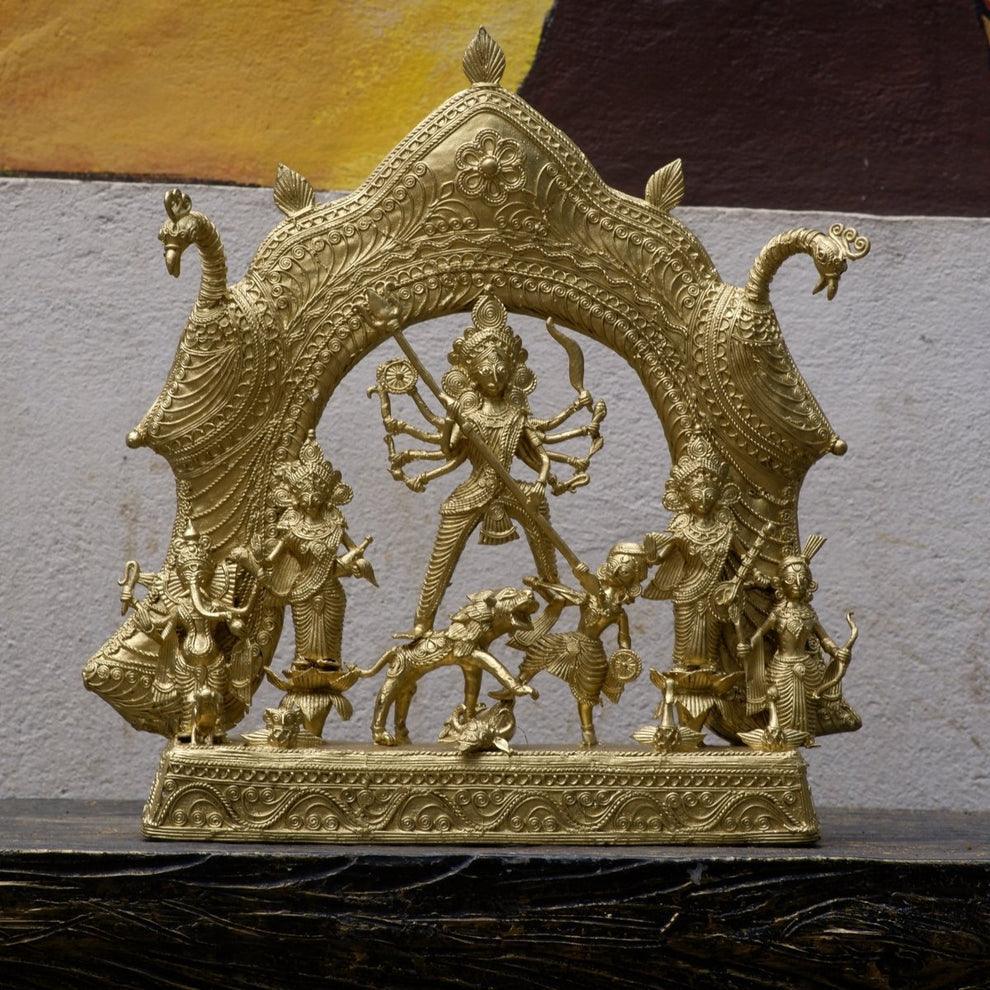 Buy Religious Idols - Premium Brass Durga Sculpture Dokra Design | Mahishasur Mardini Family Idol by Sowpeace on IKIRU online store