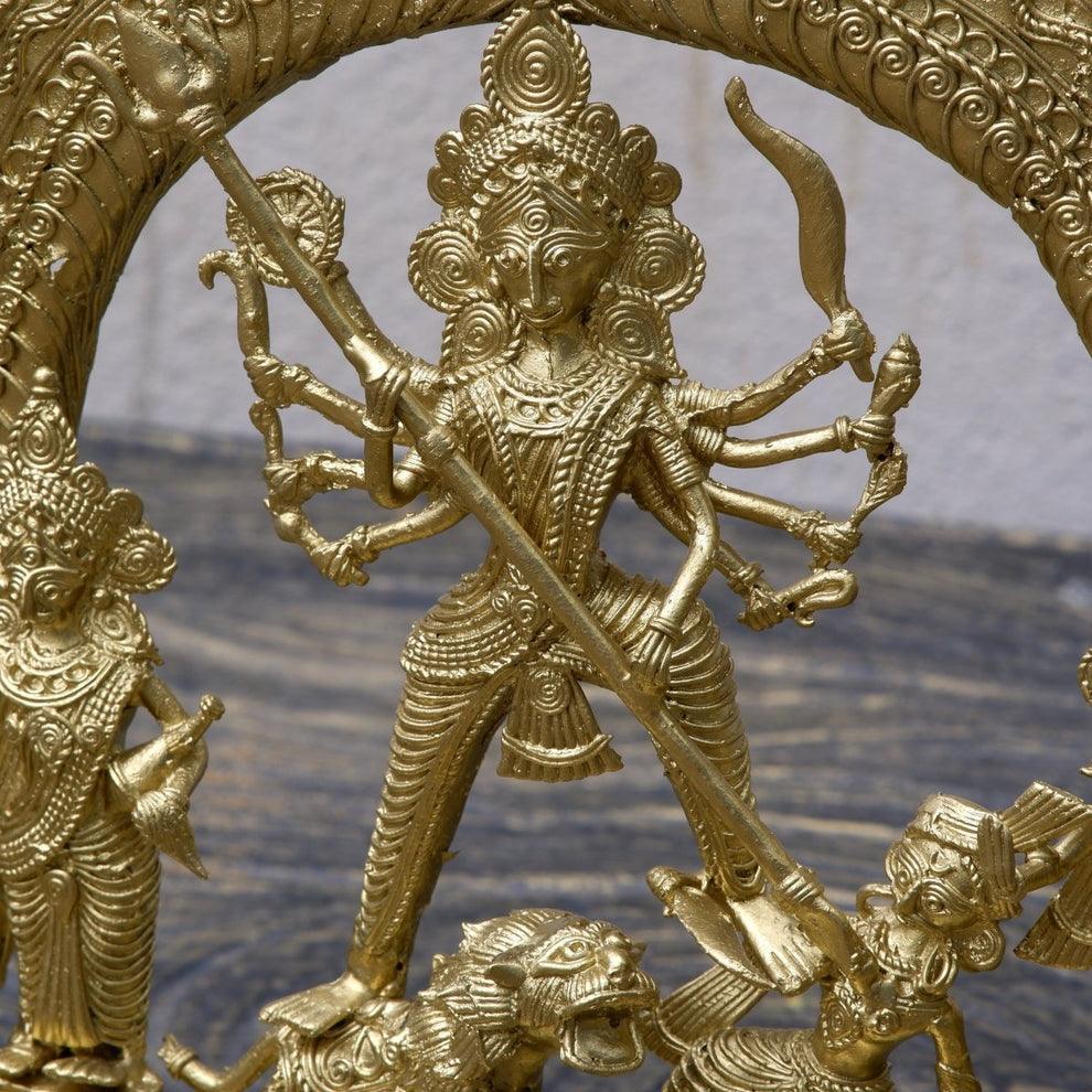 Buy Religious Idols - Premium Brass Durga Sculpture Dokra Design | Mahishasur Mardini Family Idol by Sowpeace on IKIRU online store