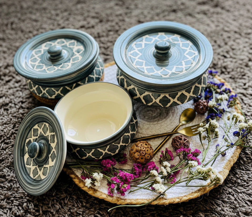 Buy Roti Box & Casserole - Grey & White Ceramic Vintage Casserole Crockery Set of 3 For Kitchen & Dining by Ceramic Kitchen on IKIRU online store