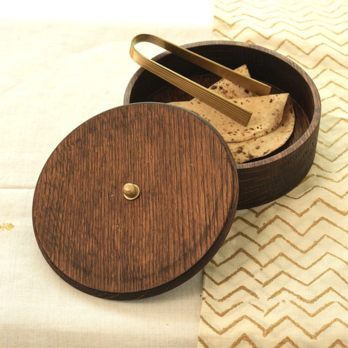 Buy Roti Box - Barmer Wooden Casserole For Roti | Handcrafted Chapatti Box With Brass Tong For Dining & kitchen by Courtyard on IKIRU online store