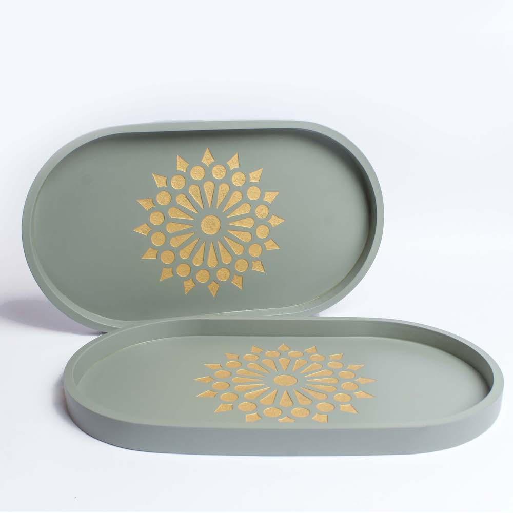 Buy Serving Platter & Tray - Engraved Mandala Art Oval Shaped Grey Tray | Serving Plate For Kitchenware by bambaiSe on IKIRU online store