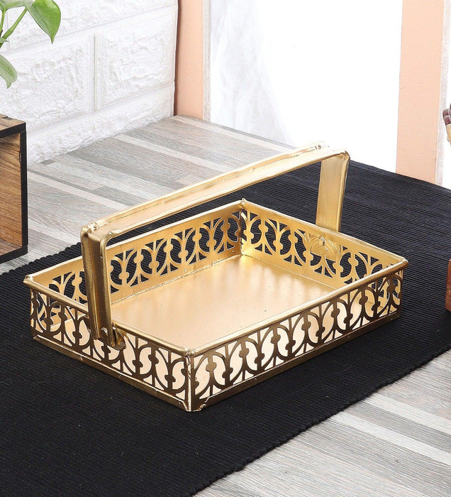 Buy Serving Platter & Tray - Golden Square Shape Serving Tray With Handle | Gift Hamper Basket by Amaya Decors on IKIRU online store