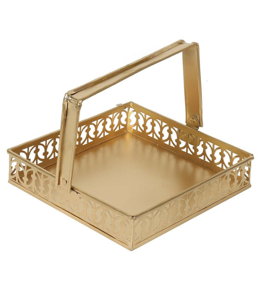 Buy Serving Platter & Tray - Golden Square Shape Serving Tray With Handle | Gift Hamper Basket by Amaya Decors on IKIRU online store