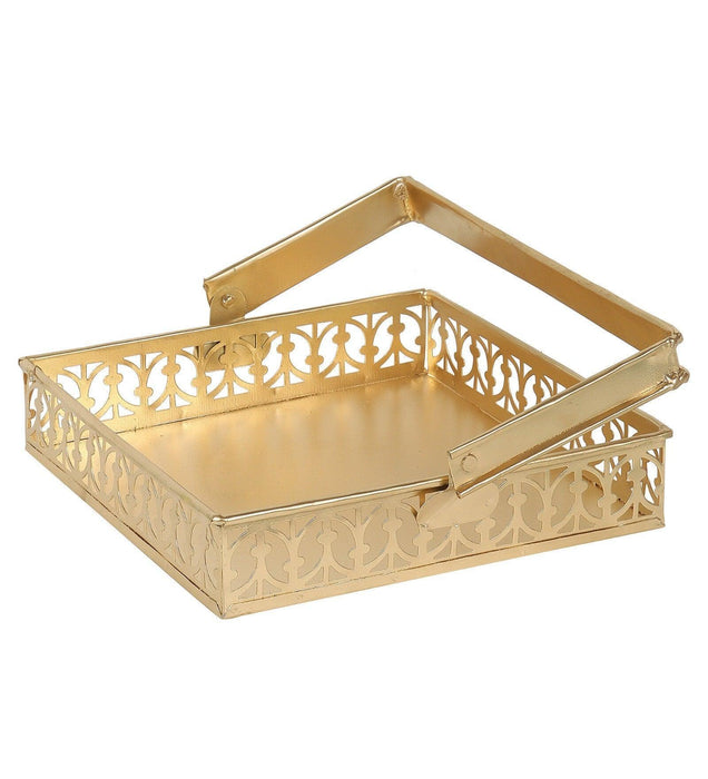 Buy Serving Platter & Tray - Golden Square Shape Serving Tray With Handle | Gift Hamper Basket by Amaya Decors on IKIRU online store