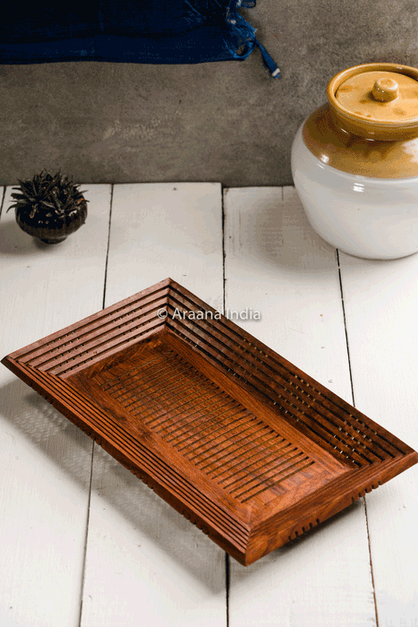 Buy Serving Platter & Tray - Jaali Sheesham Wooden Mesh Style Serving Tray | Brown Platter For Serveware by Araana Home on IKIRU online store