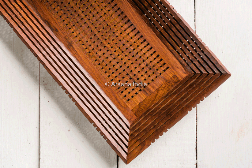 Buy Serving Platter & Tray - Jaali Sheesham Wooden Mesh Style Serving Tray | Brown Platter For Serveware by Araana Home on IKIRU online store