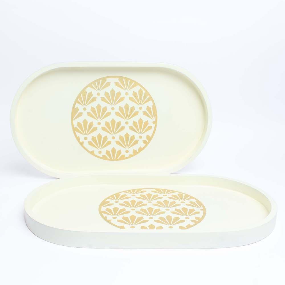 Buy Serving Platter & Tray - Lotus Carved Oval Off White Tray | Serving Plate For Kitchenware by bambaiSe on IKIRU online store