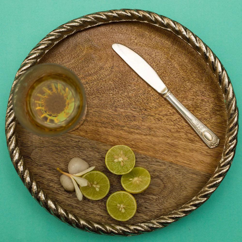 Buy Serving Platter & Tray - Metal Round Rope Wooden Tray | Serving Platter by Manor House on IKIRU online store