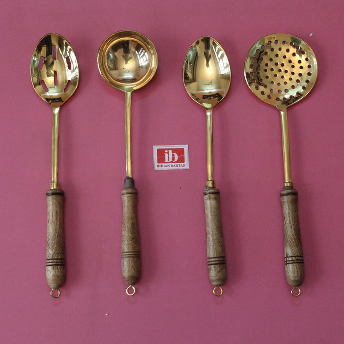 Buy Serving spoon - Brass Serving Ladles With Wooden Handles Set Of 4 | Kansa Kitchen Utensils by Indian Bartan on IKIRU online store