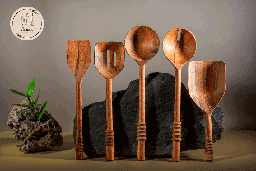 Buy Serving spoon - Garoh Acacia wood Ladles & Spatulas Cutlery Set of 5 For Serveware & Dining by Araana Home on IKIRU online store