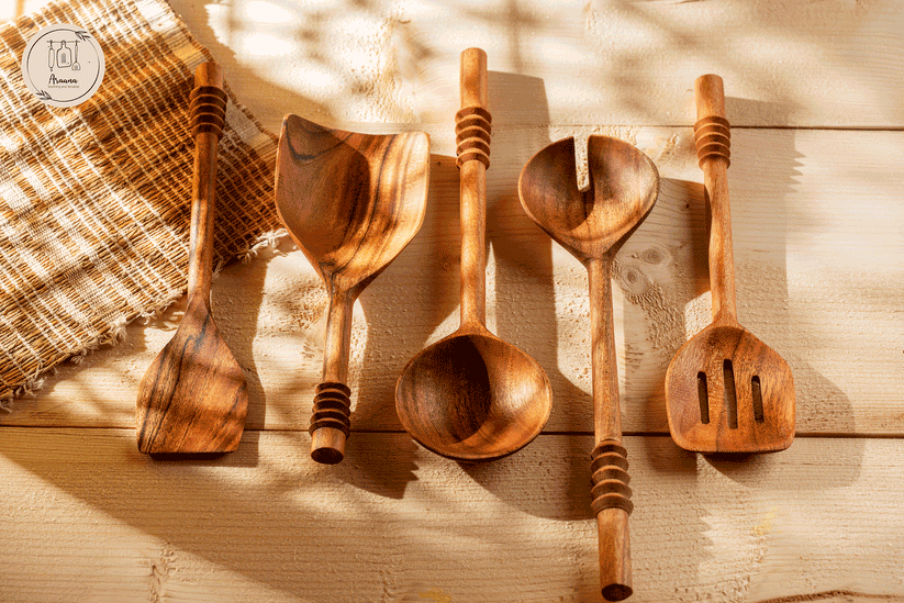 Buy Serving spoon - Garoh Acacia wood Ladles & Spatulas Cutlery Set of 5 For Serveware & Dining by Araana Home on IKIRU online store