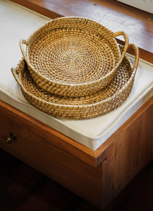 Buy Serving Trays - Aesthetic Cane Handwoven Round Serving Tray With Handle For Home & Restaurant by Tesu on IKIRU online store