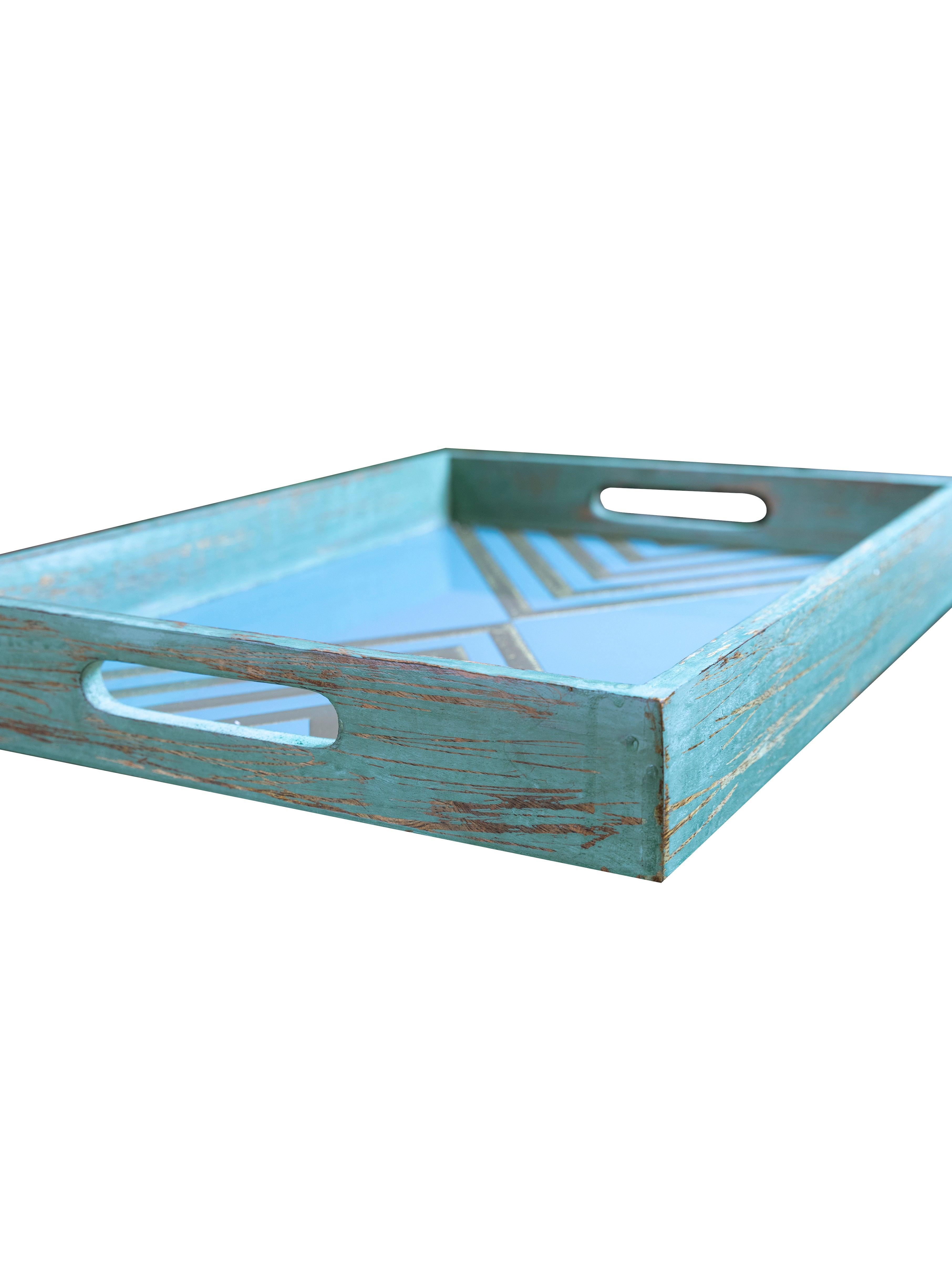 Buy Serving Trays - Blue & Golden Wooden Serving Tray | Platter For Kitchenware & Serveware by House of Trendz on IKIRU online store