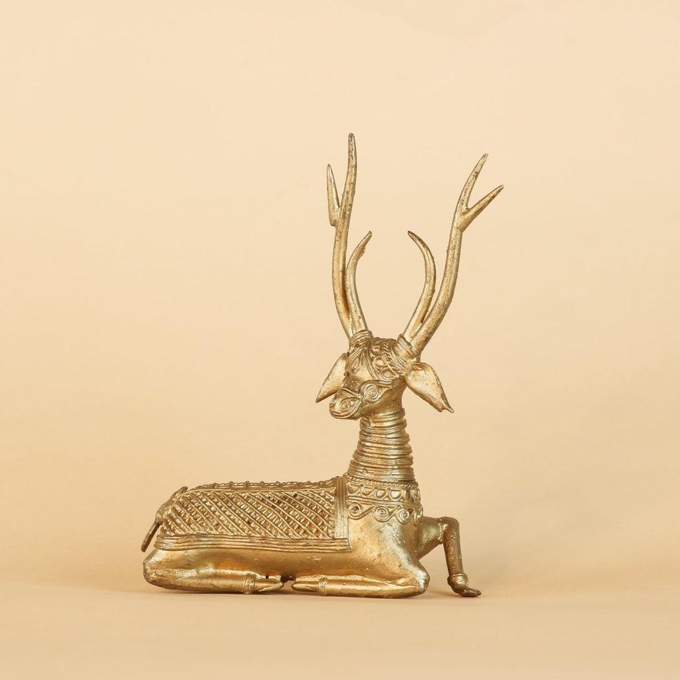 Buy Showpieces & Collectibles - Antique Golden Deer Sitting Showpiece Dokra Design For Table by Sowpeace on IKIRU online store