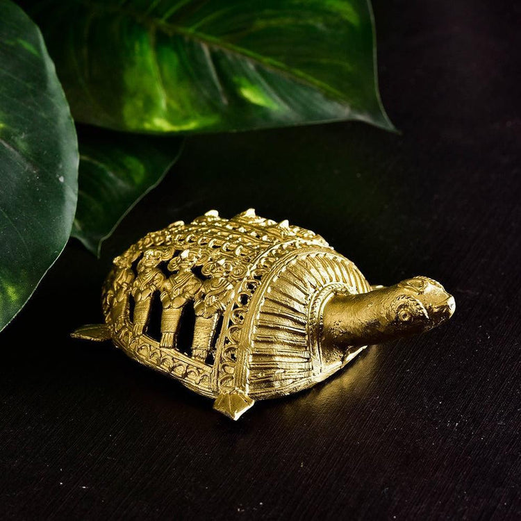 Antique Tortoise Showpiece Dokra Design | Golden Tortoise For Decor Brass
