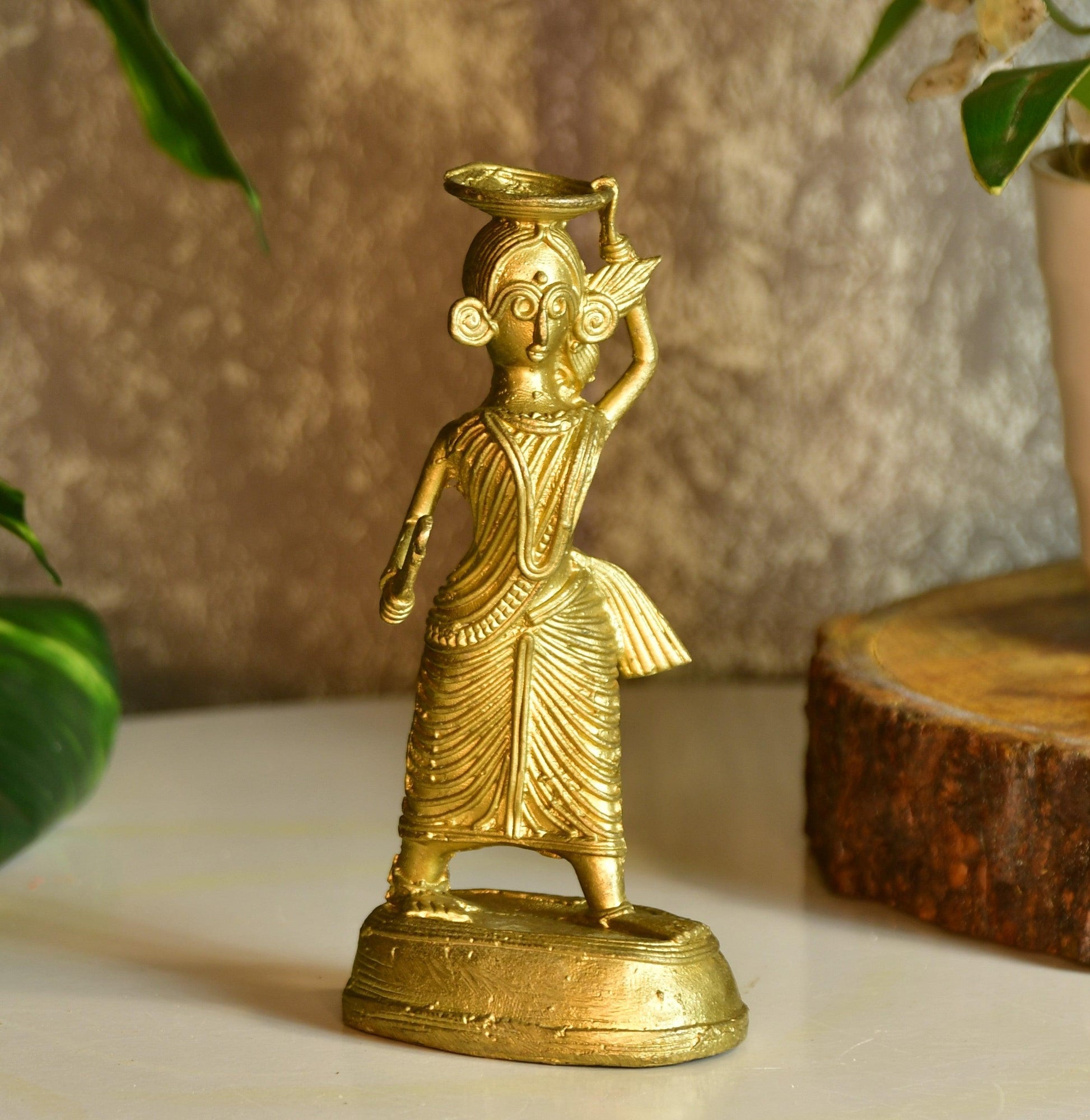 Buy Showpieces & Collectibles - Decorative Golden Farmer Lady With Sickle Statue | Handcrafted Dokra Tabletop Showpiece by Sowpeace on IKIRU online store